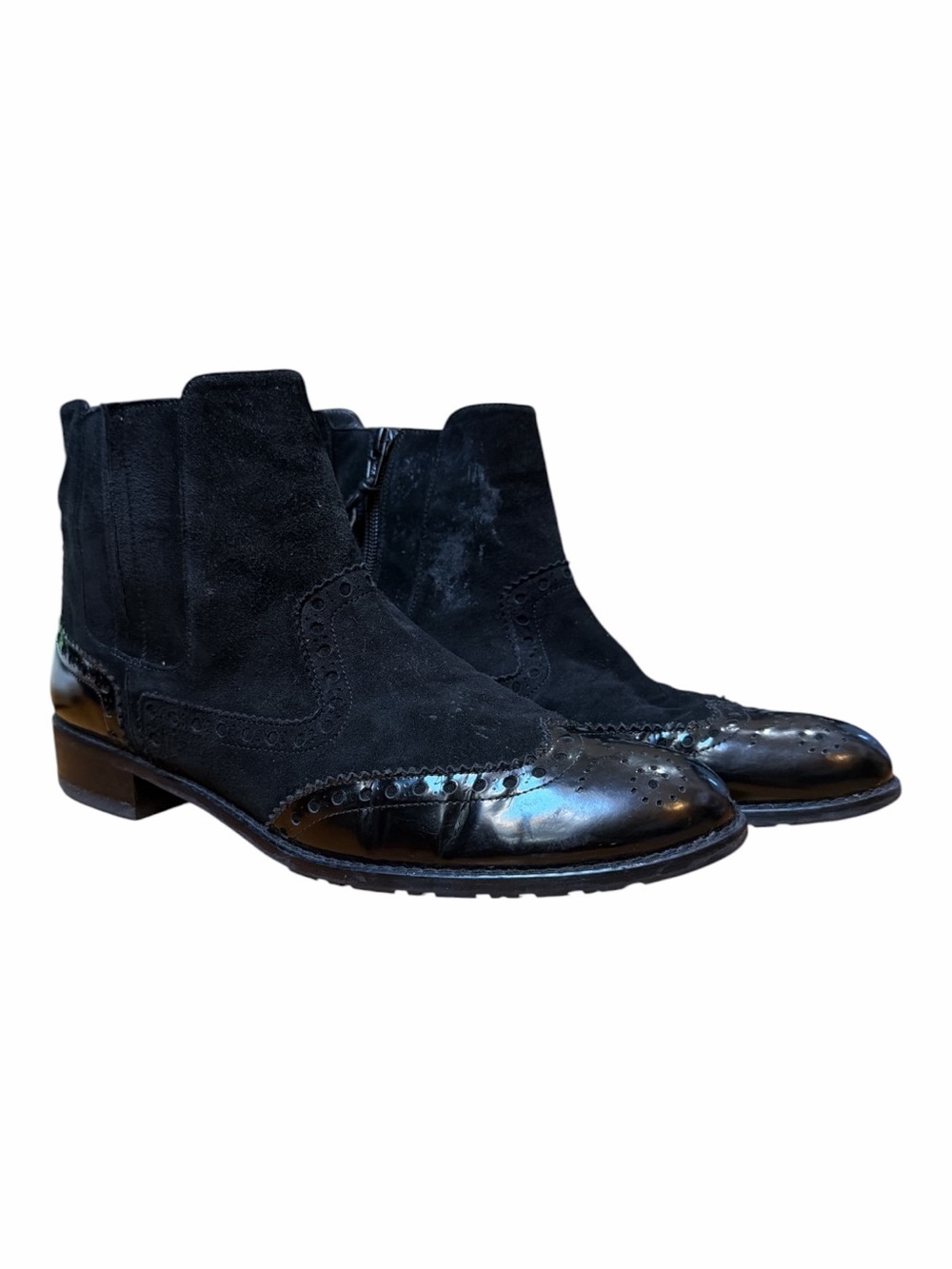 Stuart Weitzman Black Suede and Leather Brogue Ankle Boots - Picture 2 of 7